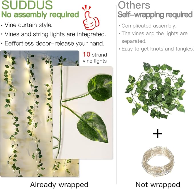 suddus Vines with Lights for Bedroom, 150 LED Fairy Lights with Vines, Pothos