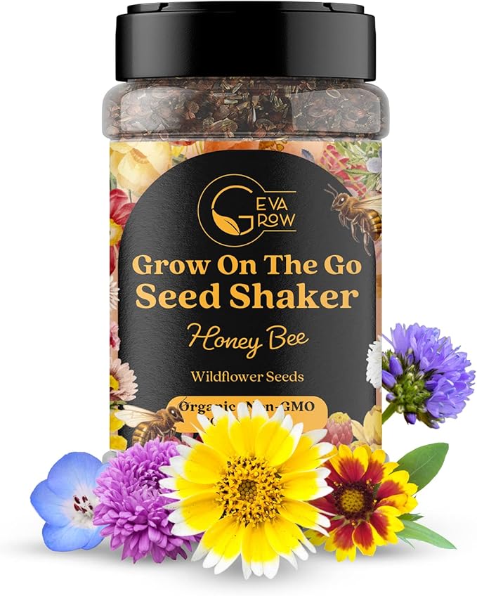 Mini Wildflower Seed Shaker â Honey Bee Wildflower Mix, by GevaGrow | Bulk 90,000+ Seeds | Pollinator Bee Attracting Flower Seeds for Planting in Pots & Outdoor Gardens | No Messy Packets