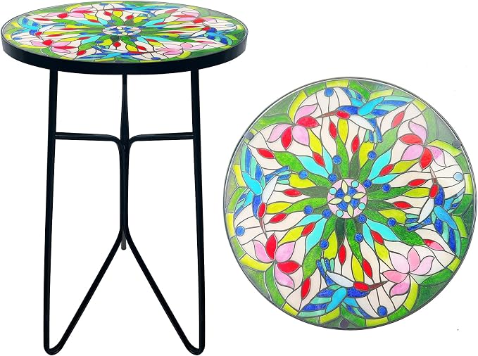 Mosaic Hummingbird Outdoor Side Tea Table, Glass Plant Tables Indoor Decorative Metal Patio Table, Valentine's Day Outdoor Tables Unique Furniture-Weather-Resistant Patio Valentine's Day Decor
