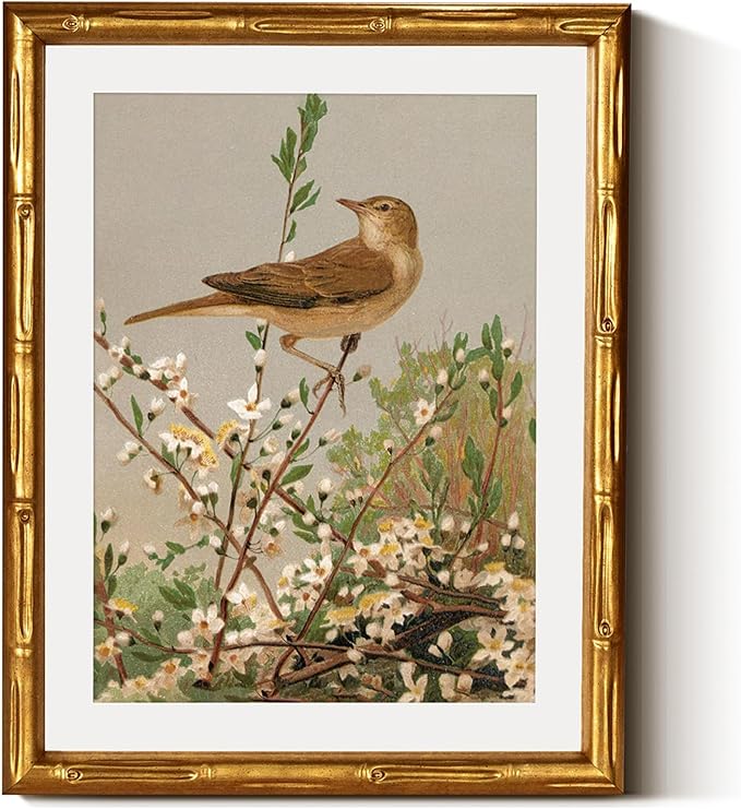 InSimSea Gold Bamboo Framed Canvas Wall Art, Spring Bird on Branch Paintings