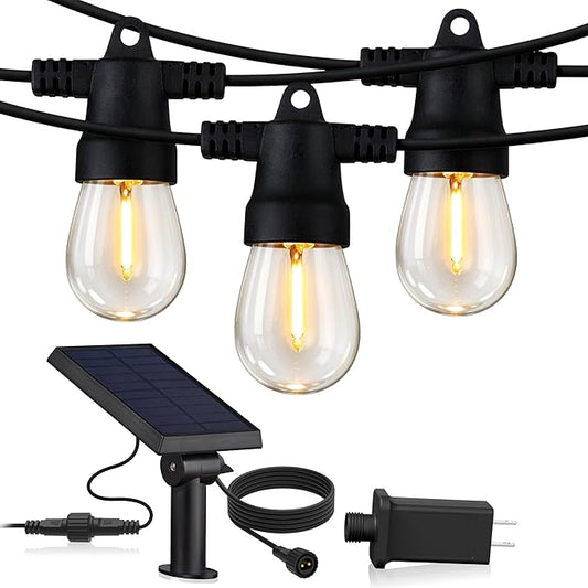 Brightech Ambience Hybrid Outdoor String Lights - Dual Plug and Solar Powered Waterproof LED Light String for Outside - 27 Ft, Soft White Edison Bulbs, for Camping, Patio, Cafe, Yard, Porch