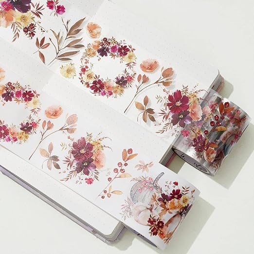WT Autumn Rose Wide PET Tape, Single Roll, Original Designs, Floral Decorative Tape, Transparent Craft Tape for Bujo Planner & DIY Supplies, Watercolor Flowers