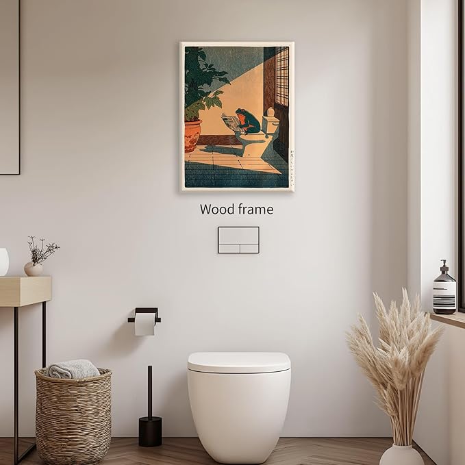 Vintage Japanese Framed Wall Art Funny Frog Bathroom Canvas Print Cute Japanese