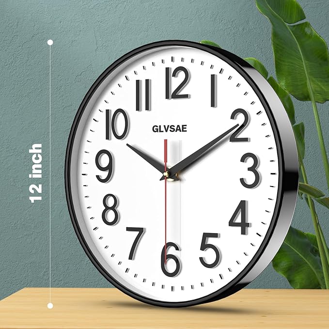 GLVSAE Wall Clock 12 Inches Non-Ticking Wall Clocks Battery Operated Large Easy