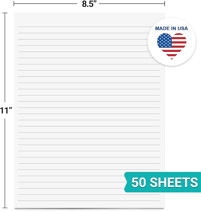 321Done Wide-Ruled Notepad (8.5" x 11") Made in USA, 50 Sheets, Letter Size, Large Tear Off Edge Glued, Planning Memo Pad, Unisex Minimalist Simple Lined Wide Spaced Writing Pad