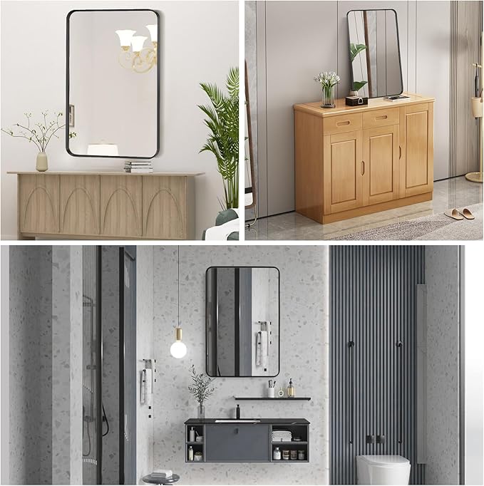 Wall Mount Mirror for Bathroom, Brushed Black Metal Framed Rounded Corner