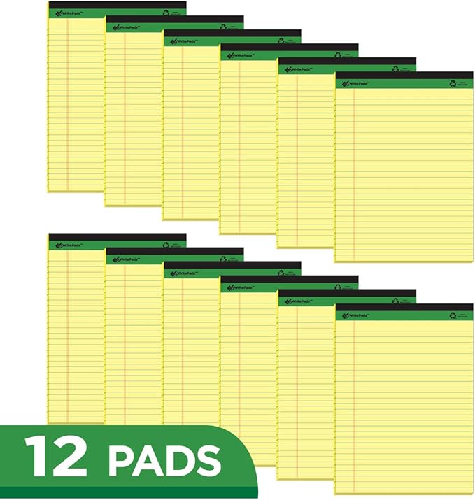 KAISA Legal Pad Writing Pads, 5"x8" Legal Ruled, 8.5"x11.75" Wide Ruled, 56GSM Paper Notepads, 12pads (Canary 24pad, 8.5x11.75inch)