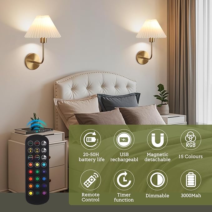 Wireless Wall Sconce Sets of 2, Pleated Shades Rechargeable Battery Operated
