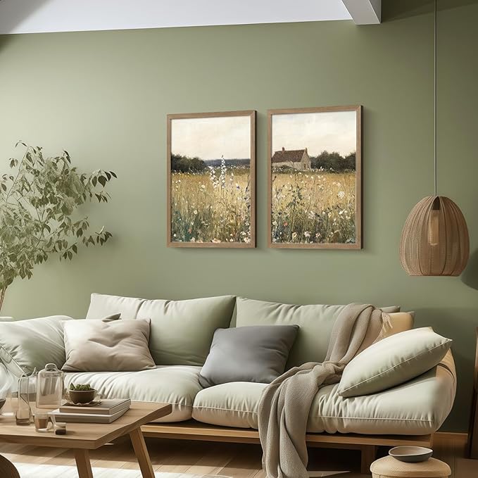 Two Framed Canvas Vintage Wildflower Wall Decor Country House and Wildflower Print Natural Botanical Landscape Wall Decor for Farmhouse Living Room or Bedroom 12x16 Inch