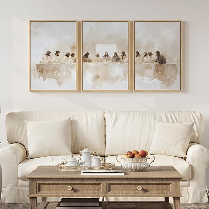 Framed Christian Wall Art Set of 3, The Last Supper Canvas Prints, Neutral