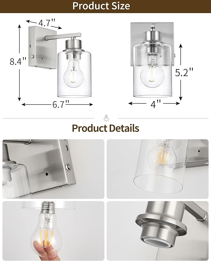 Rayogale Wireless Wall Sconces, Nickel Battery Operated Wall Sconce Set of 2