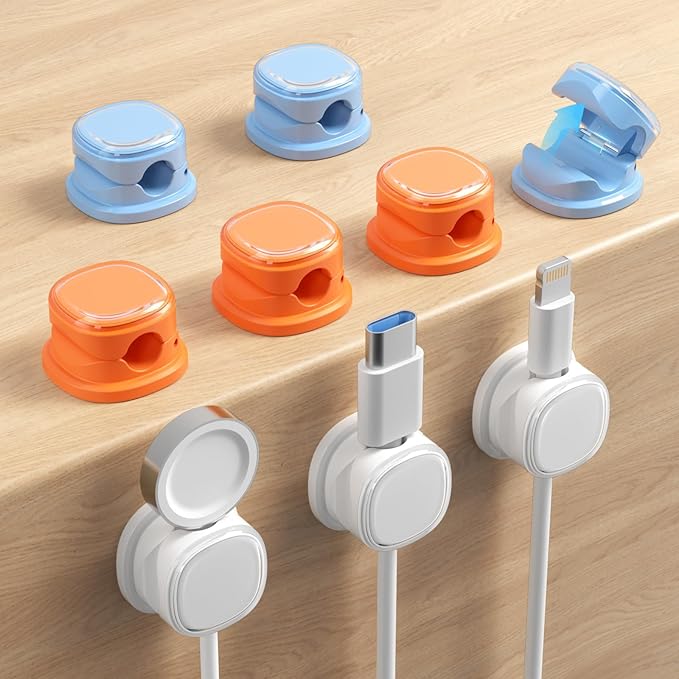 9 Pack Cord Organizer, Spring Cable Management, Adhesive Cute Cable Holder Clips, Phone Charger Wire Keeper for Desk Nightstand Car Office (9-Pack White_Orange_Blue)