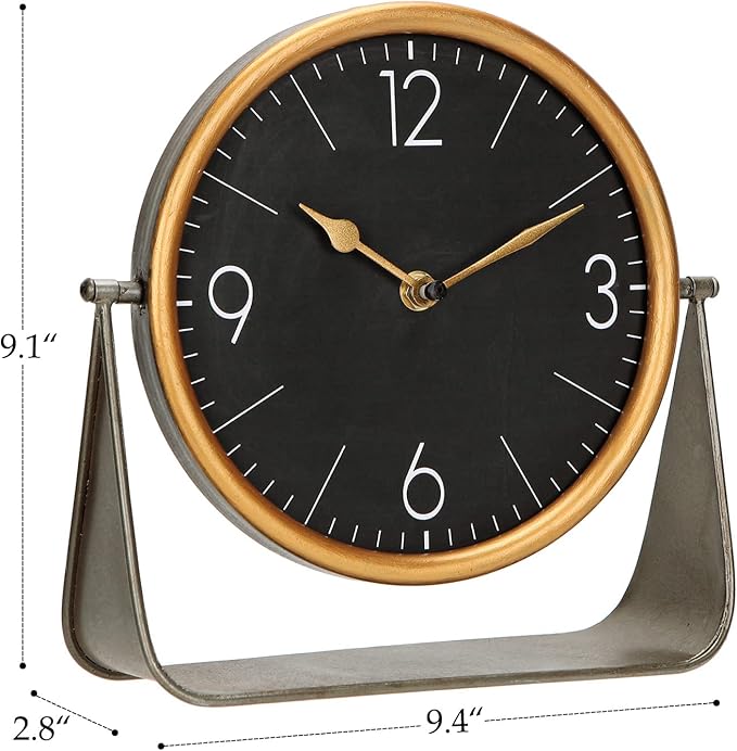 NIKKY HOME Vintage Table Clock, Black Desk Clock on Stand Decorative Desk and Shelf Clocks Metal Tabletop Clock Silent Non-Ticking with Battery Powered for Living Room