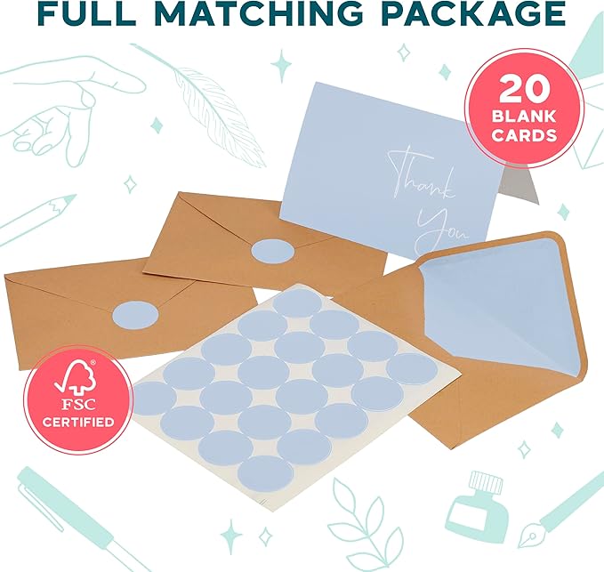 VNS Creations 20 Pack Thank You Cards With Envelopes, Stickers, 4x6 Inch Blank Thank You Notes - Bulk Box Set Large Notes for Graduation, Wedding, Small Business, Baby & Bridal Shower - Light Blue