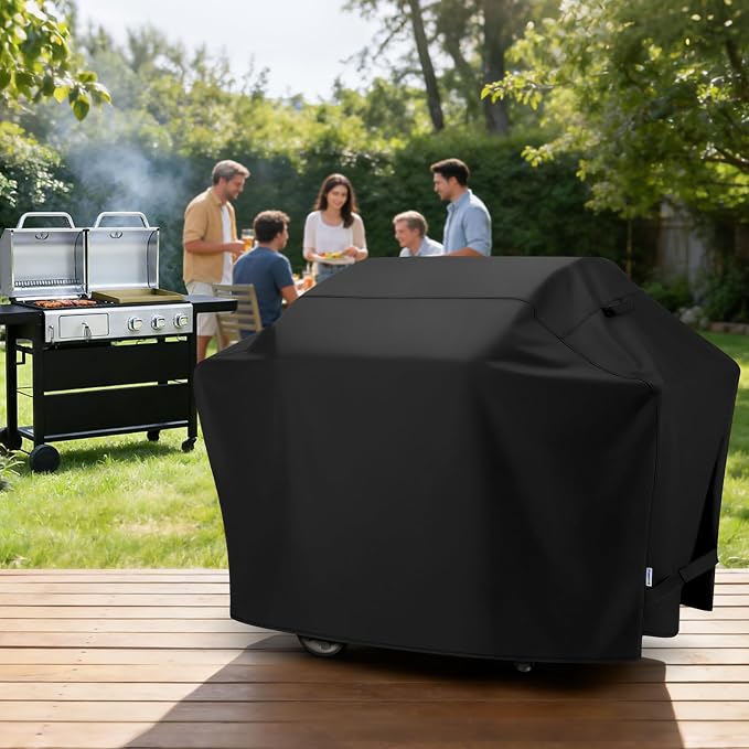 SunPatio BBQ Grill Cover 70 Inch, Outdoor Heavy Duty Waterproof Barbecue Gas Grill Cover, Fade Resistant, All Weather Protection Compatible for Weber Charbroil Kenmore Brinkmann and More, Black