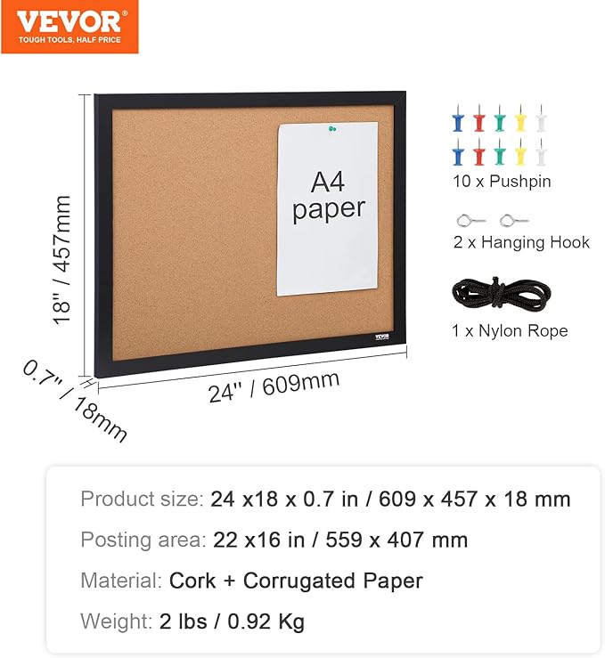 VEVOR Cork Board for Walls, Double-Sided Cork 24" x 18" Bulletin Board Vision