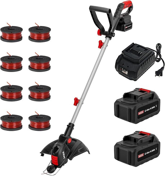 MZK 20V 12'' Cordless String Trimmer, Grass Trimmer&Edger with 8 Replacement Spools, Battery Powered Weed Trimmer with Auto Line Feed for Garden, Lawn(2 * 4AH Battery and Charger Included),ST12D07