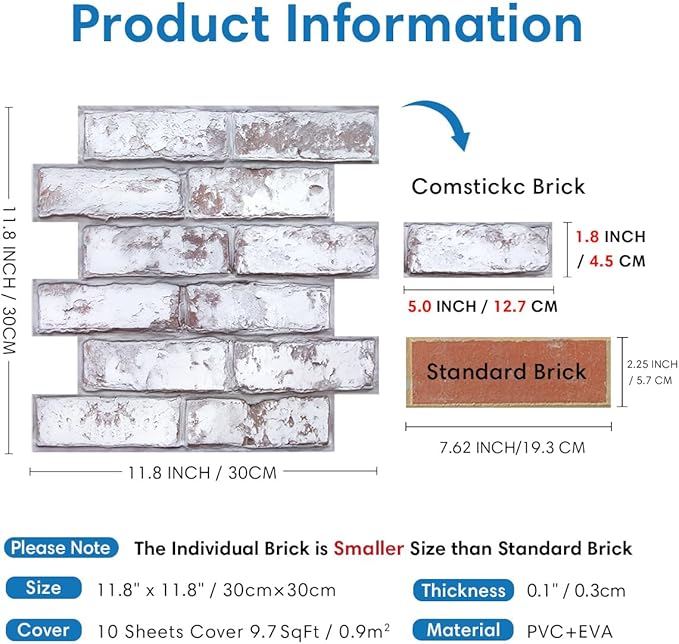 COMSTICKC 3D Faux Brick Peel and Stick Wall Covering, Small Size Thin PVC Self