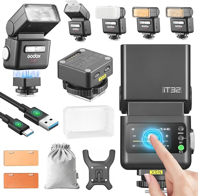 Godox IT32 TTL Camera Flash for Nikon with X5N Trigger & Diffuser kit,Magnetic Hotshoe & Trigger 2-in-1,2.4G Wireless,HSS 1/8000s,GN18,LED Modeling Lamp,Colorful Touch Screen,Rotatable Flash Head