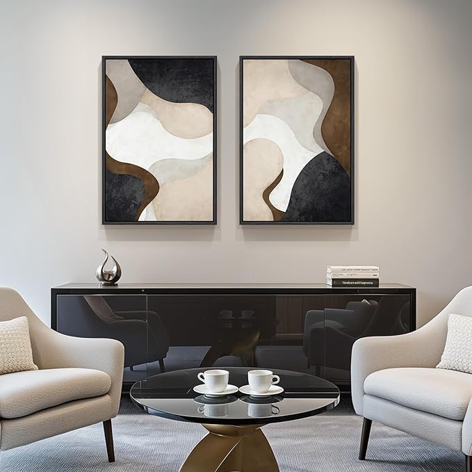 Framed Neutral Abstract Minimalist Wall Art, 2 Piece Large Modern Canvas Prints