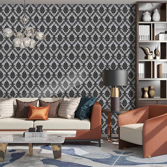17.7" x 197" Peel and Stick Wallpaper Black Vintage Wallpaper Damask Contact