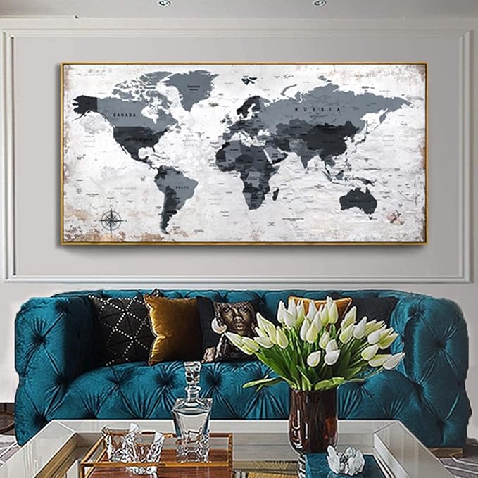 Framed wall art World Map Wall Art Canvas Picture 30inchx60inch Large Black and