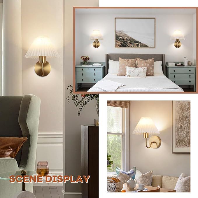 Wireless Wall Sconce Sets of 2, Pleated Shades Rechargeable Battery Operated