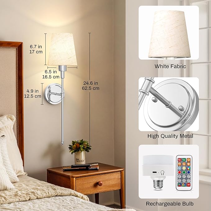 DORESshop Battery Operated Wall Sconce Set of 2, 7 Color Wireless Wall Light