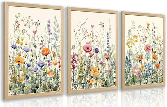 LLEEMPI Watercolor Floral Wall Art Set of 3, Colorful Wildflower Wall Decor
