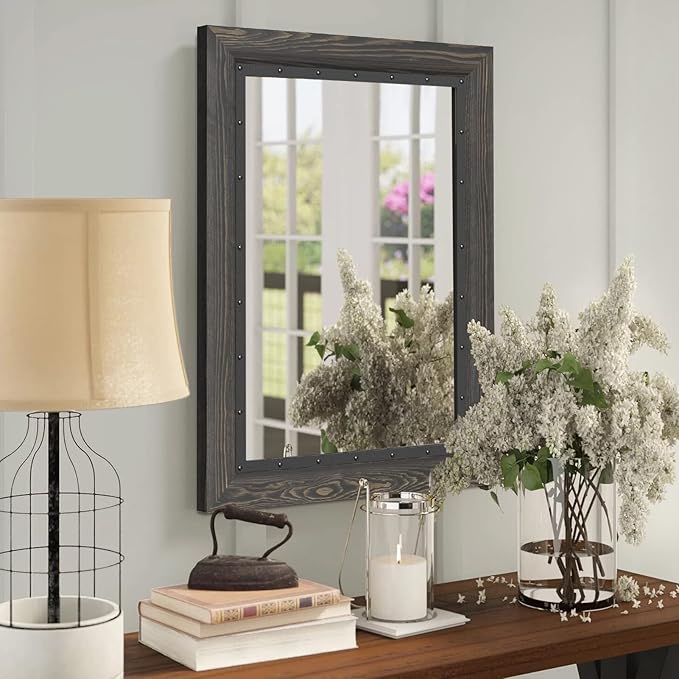 YOSHOOT Rustic Wooden Framed Wall Mirror, 40x30 Inch, Natural Wood and Iron