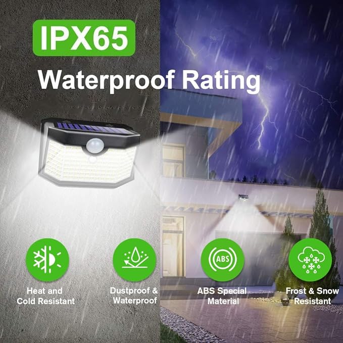 HMCITY 120 LED Outdoor Solar Lights with Motion Sensor and 3 Lighting Modes, IP65 Waterproof Wide Solar Wall Lights Ideal for Garden Patio Yard (Front Button 2Packs, Black Shell-Daylight White)