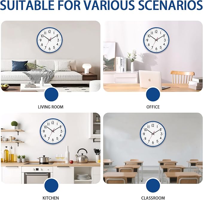 HZDHCLH Wall Clock Blue, Silent Wall Clocks Battery Operated 12 Inch Modern Non