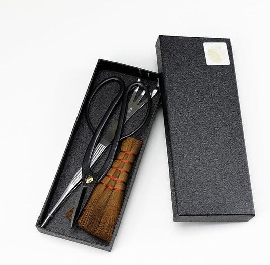 Wazakura Japanese Bonsai Garden 3PCS Tool Starter Kit, Made in Japan, Ashinaga Bonsai Scissors, Stainless Tweezers with Rake, Chinese Broom. Beginner Set with Shears, Tweezers and Soil Brush
