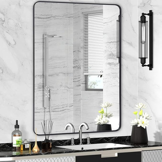 Wall Mount Mirror for Bathroom, Brushed Black Metal Framed Large Rounded Corner