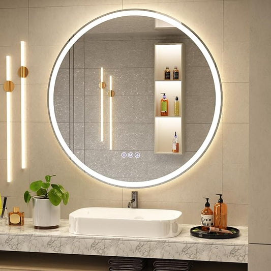 BEAUTYPEAK 24x24 LED Round Bathroom Mirror