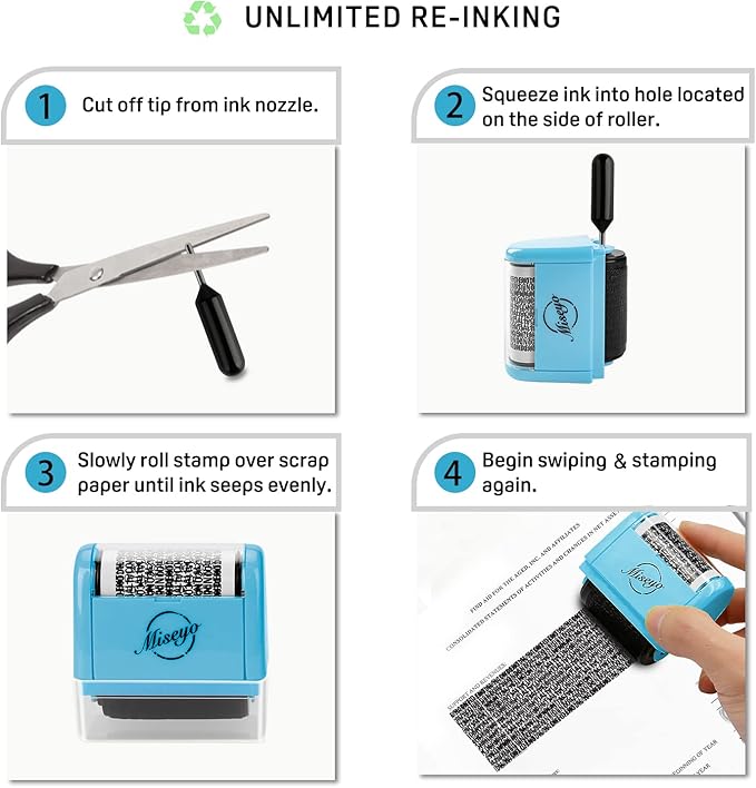 Miseyo Wide Identity Theft Protection Roller Stamp Set - Blue (3 Refill Ink Included)