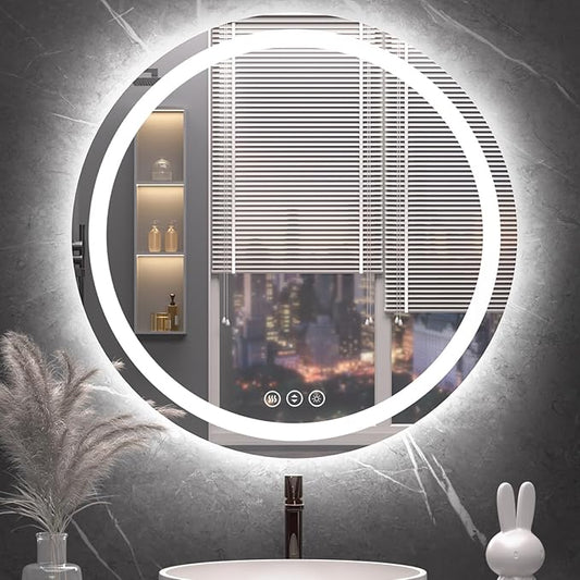 Round LED Bathroom Mirror with Lights, Backlit & Front Lighted, Wall-Mounted