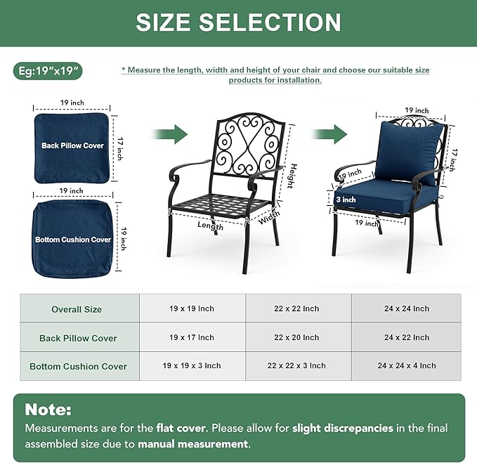 Summsun Outdoor Chair Cushions, Faux Linen Backrest and Deep Seat Cushion Set for Patio Furniture with Weather Resistant Removable Cover, Ties, Non-Slip Bottom, 24 x 24 Inch, Navy