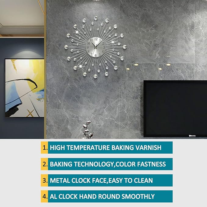 Large Metal Decorative Wall Clocks Silent Non-Ticking, Bling Shining Modern Art