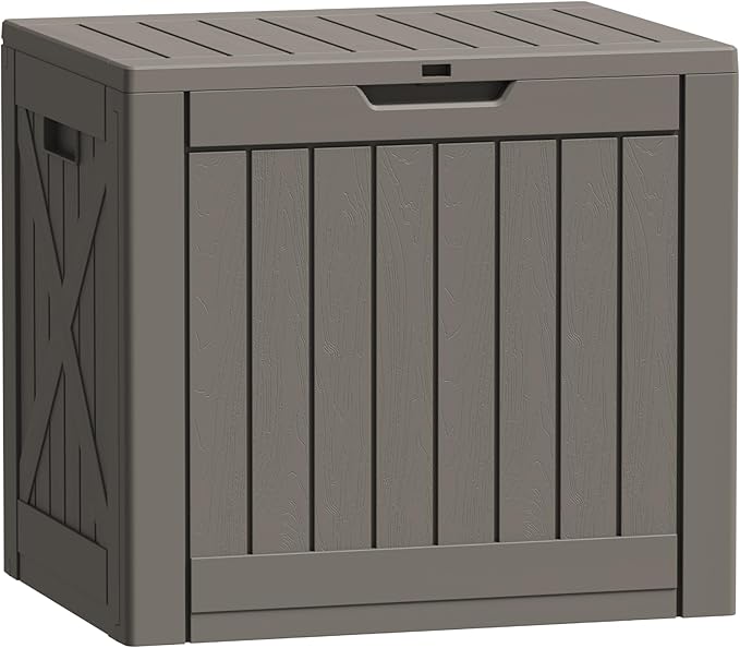 Flamaker Resin Deck Box 40 Gallon Waterproof Outdoor Indoor Storage Box Imitation Wood Resin for Patio Furniture Garden Tools and Pool (Deep Brown)