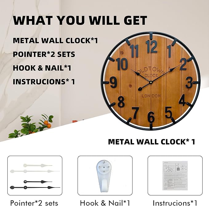 Large Farmhouse Rustic Wooden Wall Clock