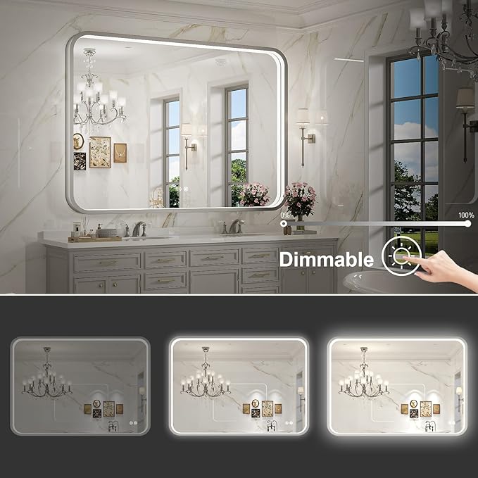 40x30 Inch LED Mirror for Bathroom, Brushed Sliver Metal Frame Lighted Vanity