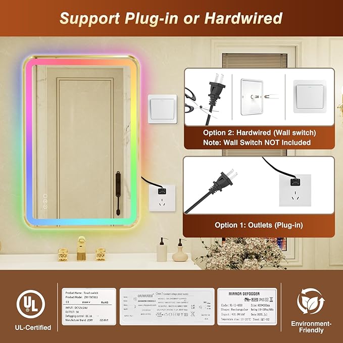 24x36 Inch Gold Framed LED Bathroom Mirror