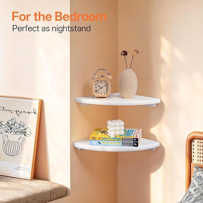 Gieanoo Floating Corner Shelves Set 2 10inch White Solid Oak Rounded Corner