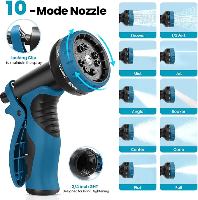 Garden Hose 100FT, Water Hose with 10 Function Nozzle, Garden Hose Metal with Leak-proof Connectors, No-Kink, Lightweight, Puncture-proof, Pet-proof, Sturdy, Hose for Outdoor, Yard
