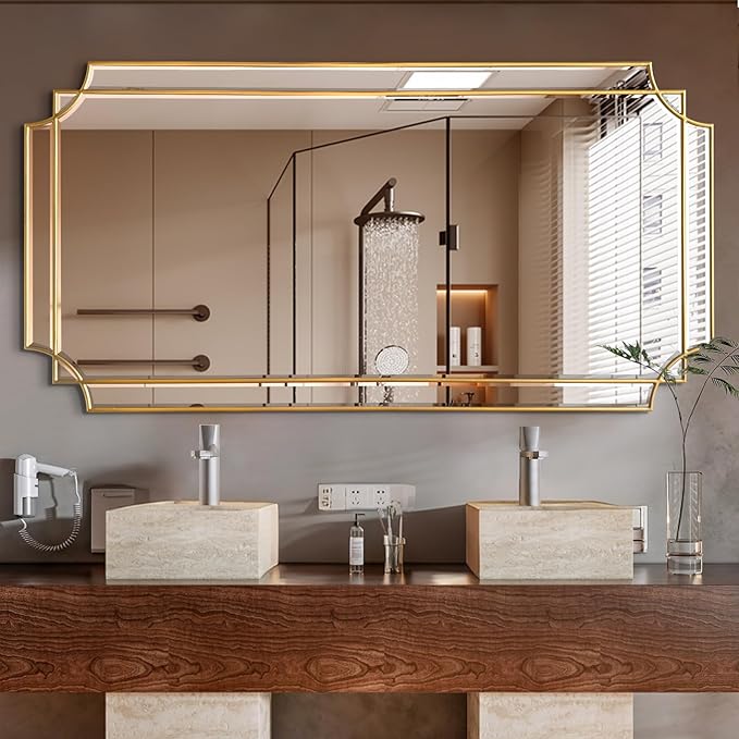 HQiJun Gold Full Length Mirror for Wall, Polished Bevelled Rectangle Mirror