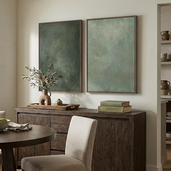 Large Framed Green Abstract Wall Art, 2 Piece Modern Canvas Art Prints Paintings