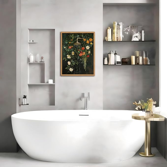 Floating Framed Floral Shower Wall Art, Vintage Botanical Flower Canvas Print