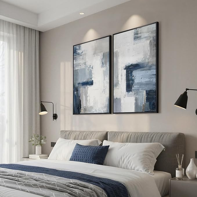 Large Framed Blue Gray Abstract Wall Art Set of 2, Modern Canvas Artwork