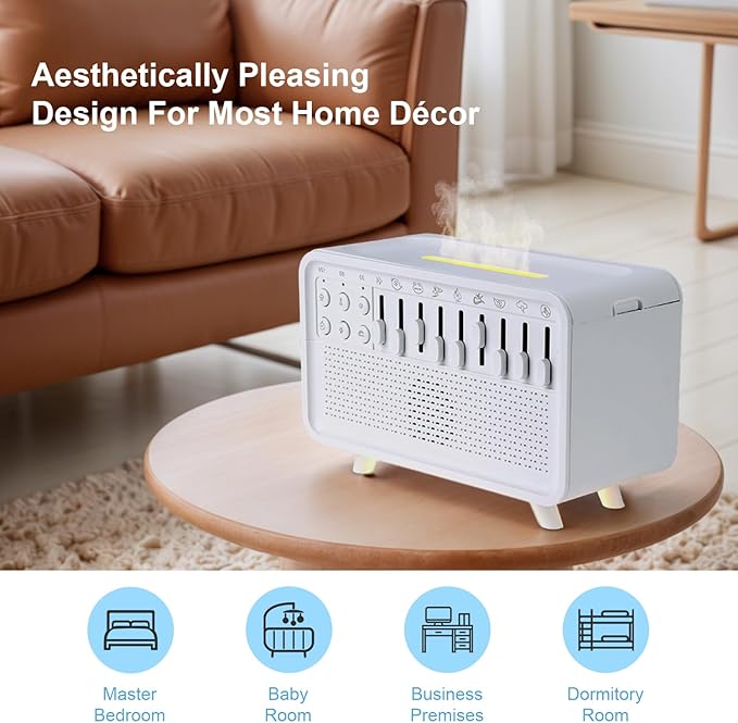 White Noise Night Light Humidifier, 3-in-1 White Noise Sound Machine Humidifier with 8 Ambient Sounds, Diffuser Sound Box Powered by USB, Sleep Sound Machine for Home Office, Timer